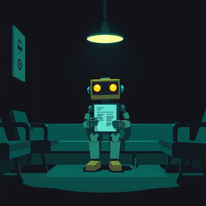 A small robot in a psychiatrist's waiting room clutching a report card