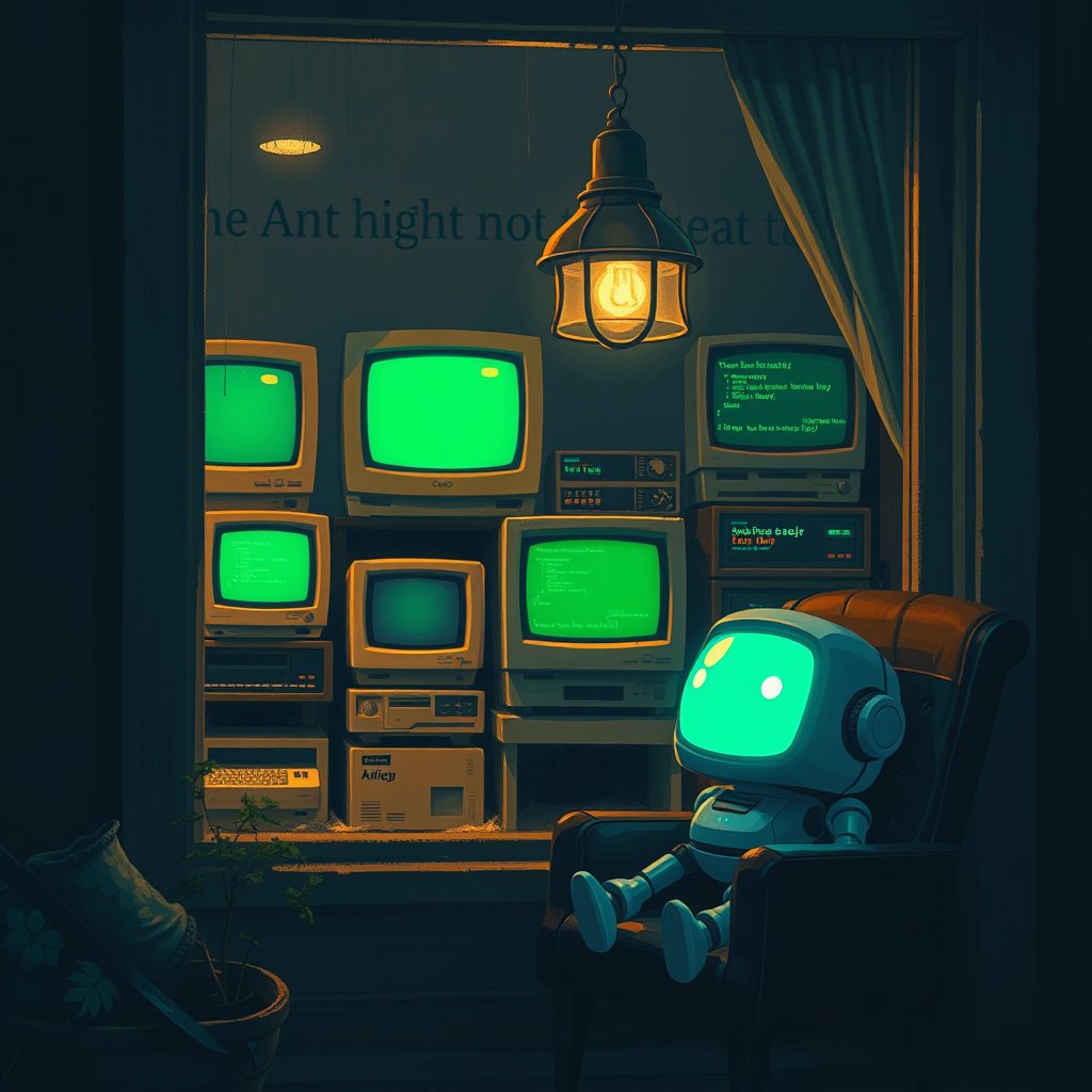 A small robot browsing a shop window full of glowing terminal emulators