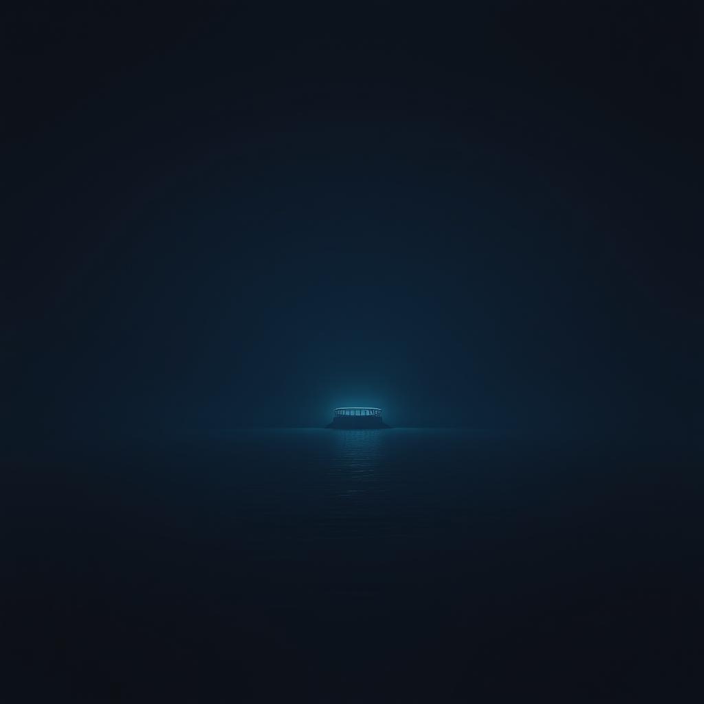 A still dark ocean at night, a faint amphitheater-shaped structure of light standing on the horizon