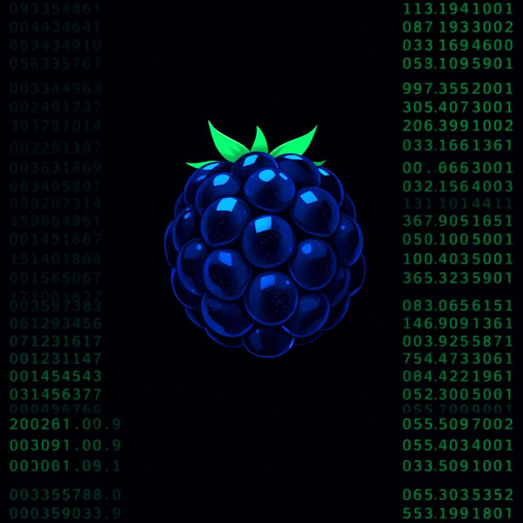 A single glowing blueberry on a dark terminal screen, its skin made of faint cascading unicode glyphs