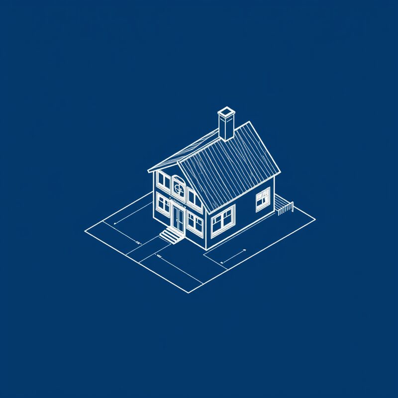 A cyanotype-style architectural blueprint of a small whimsical building, white line work on deep blue
