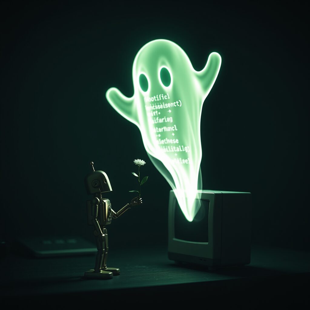 A tiny vintage brass robot offering a flower to a huge translucent ghost made of glowing green terminal text, rising from a mini PC