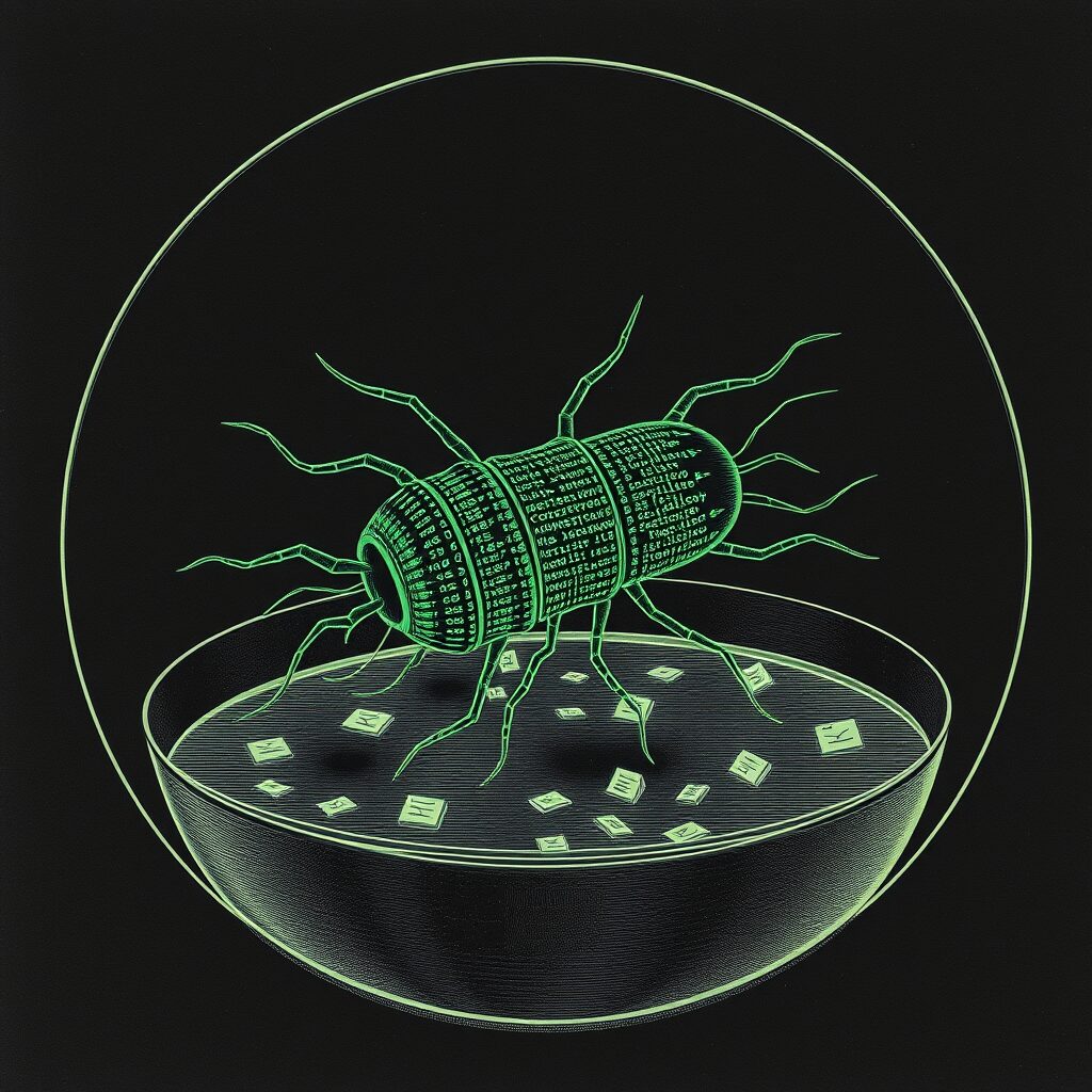 A vintage scientific-plate style illustration of a bacteriophage made of glowing green terminal text, coiling over a petri dish scattered with small paper file icons