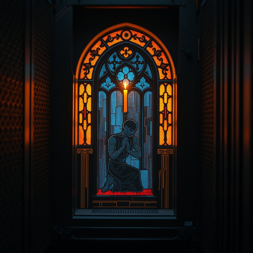 Stained-glass cathedral window of circuit traces inside a dark server rack, a robot kneeling in amber candlelight